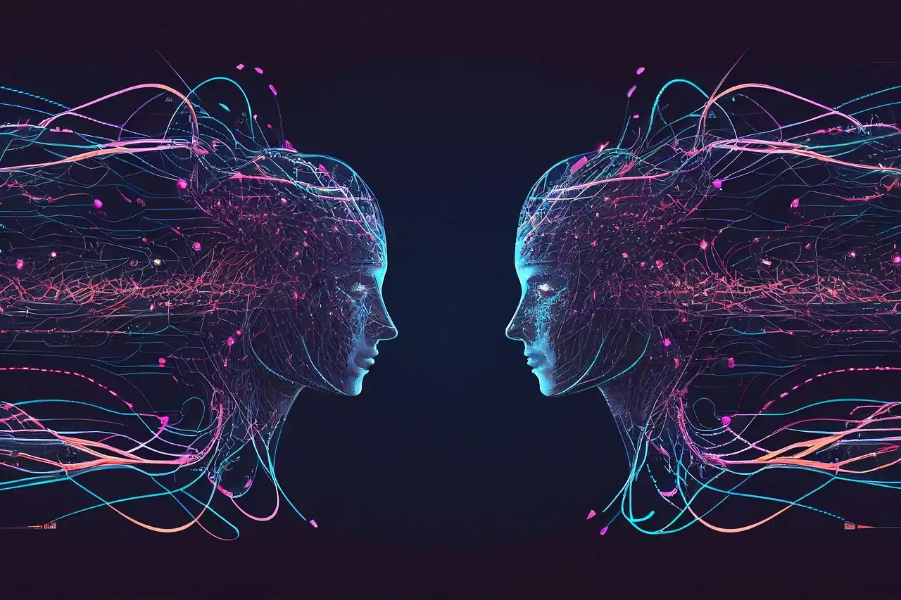 Dos rostros digitales enfrentados, conectados por una red de líneas y luces de colores que simbolizan flujos de datos, comunicación y tecnología. La imagen representa la inteligencia artificial y el vínculo simbólico entre humanos y máquinas.